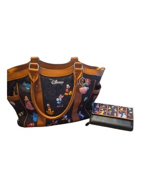 Disney Black & Brown Tote Bag with Matching Wallet - Disney Characters